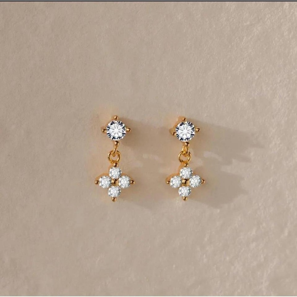 New Gold Tone Crystal Four Leaf Clover Drop Earrings Dainty Sparkle NWT